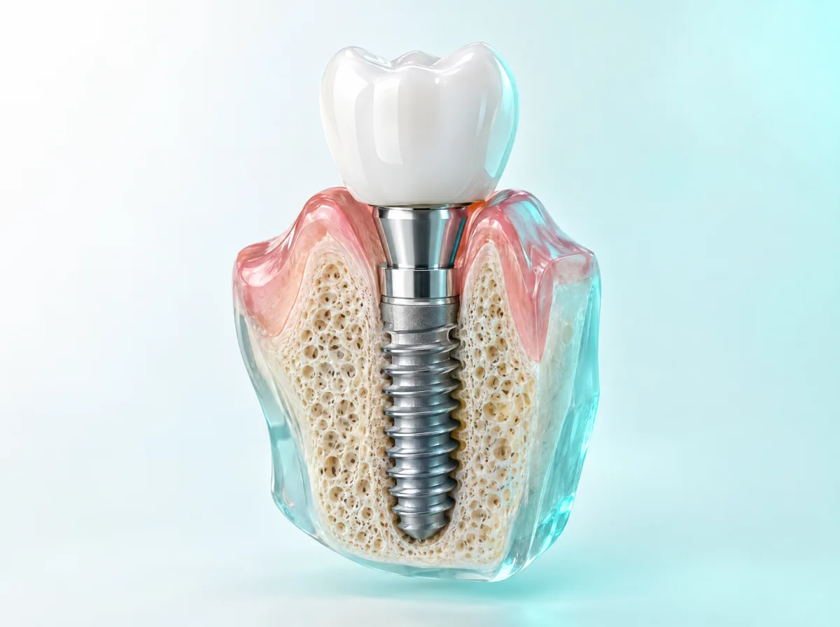 Rotating 3D model of a dental implant with a porcelain crown